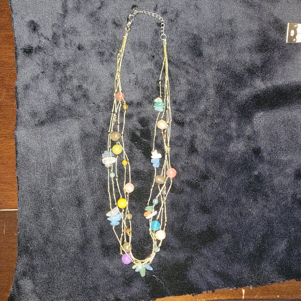 Gold Multi-Strand Necklace with Pink Purple Blue White Yellow stones